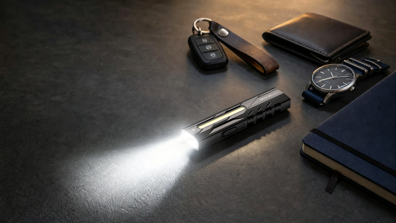 WARSUN T9-Pro rechargeable EDC flashlight with everyday carry essentials