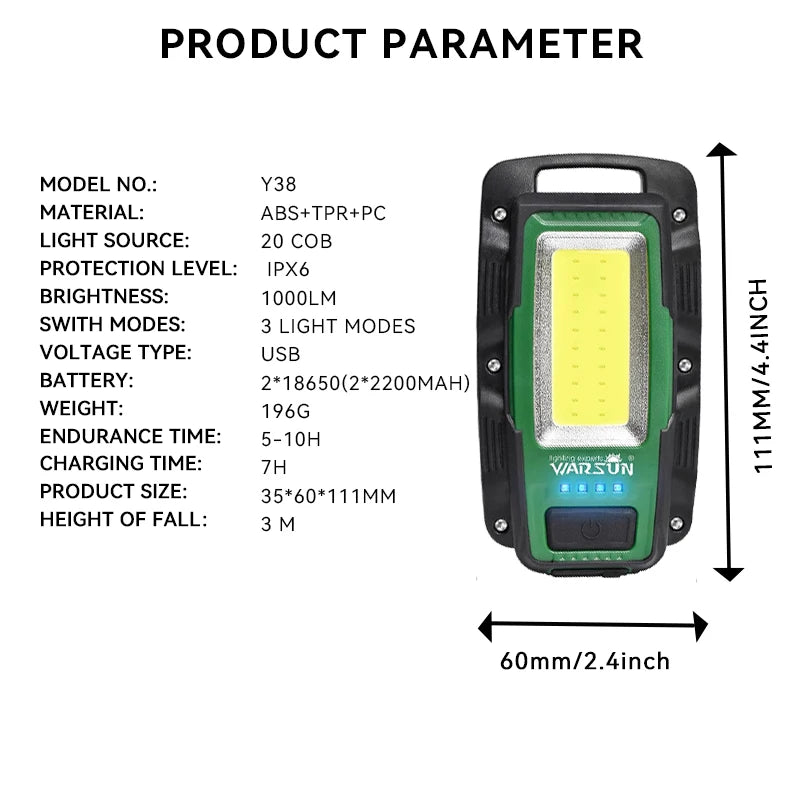 WARSUN Y38 Rechargeable LED Work Light 1000 Lumens Green