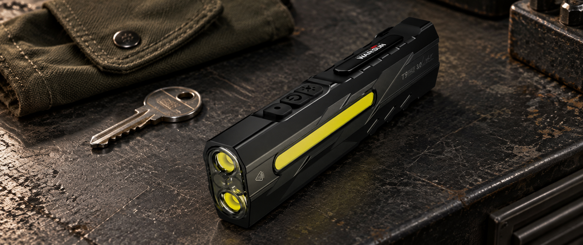 WARSUN T9-Pro EDC flashlight beside everyday carry gear on a textured workbench