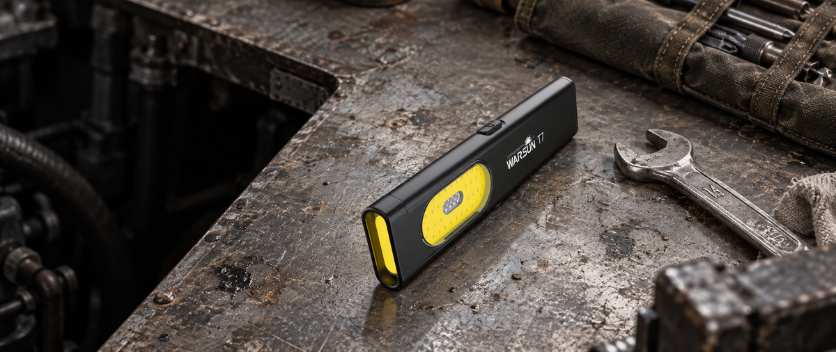 WARSUN T7 slim black pocket flashlight beside hand tools on a worn steel workbench