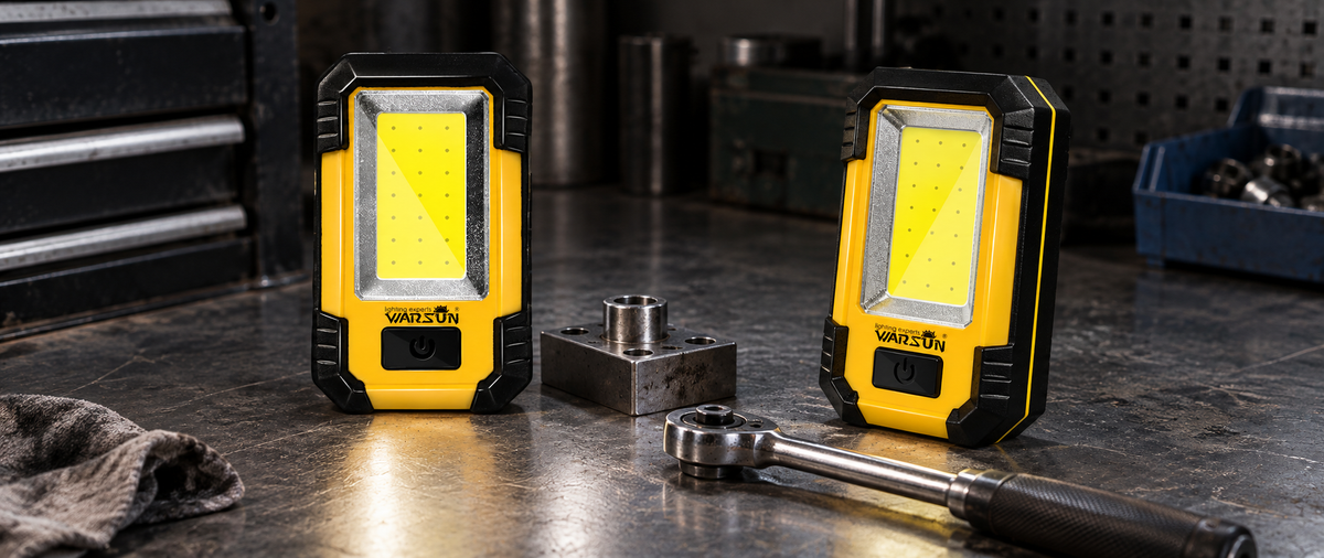 Two WARSUN Y36 work lights from the two-pack arranged around a workbench project