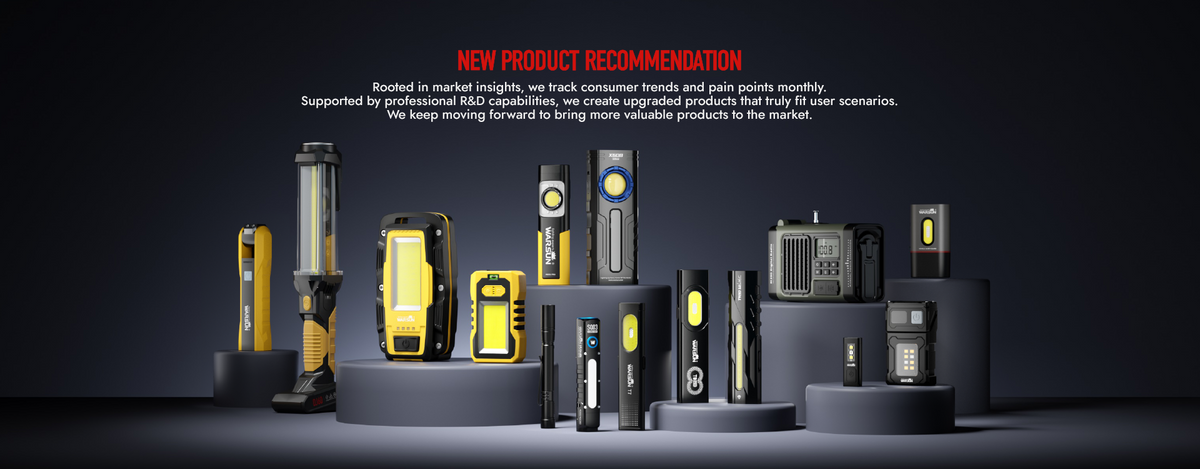 WARSUN portable LED lights including flashlights, pocket lights, headlamps, and work lights