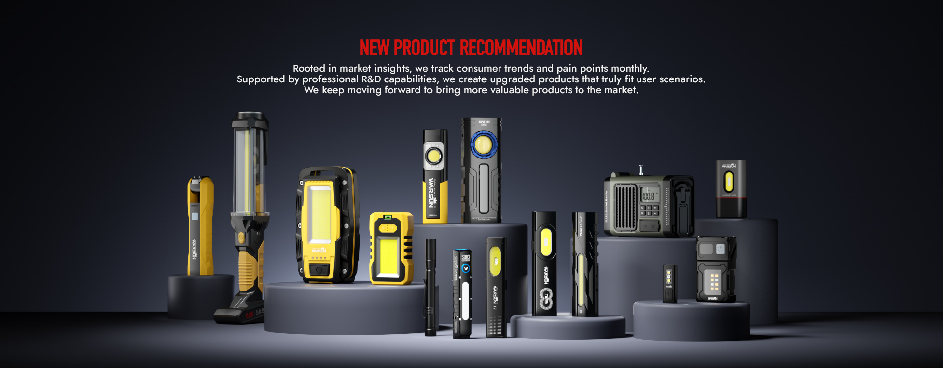 WARSUN portable LED lights including flashlights, pocket lights, headlamps, and work lights