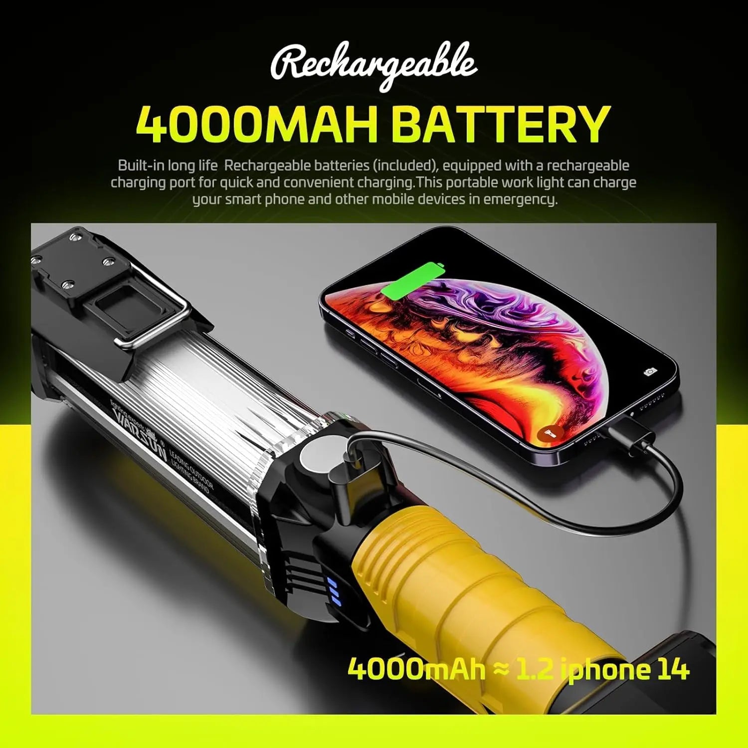 WARSUN DJ60 Rechargeable LED Work Light 1200 Lumens Yellow